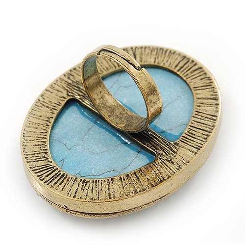 Large Oval Turquoise Stone Crystal Cocktail Ring In Antique Gold Metal - - Picture 4 of 4