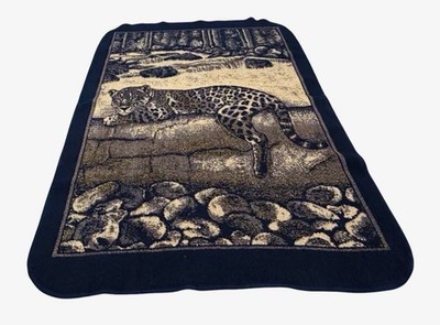 86x59 Rare Vintage San Marcos Blanket Leopard Jaguar Blue Gold