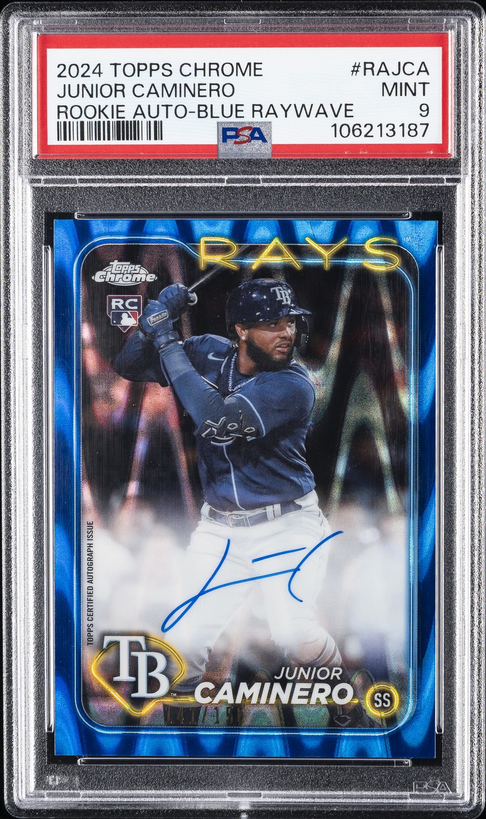 2024 TOPPS CHROME ROOKIE AUTOS BLUE RAYWAVE #RAJCA JUNIOR CAMINERO 141/150 PSA 9