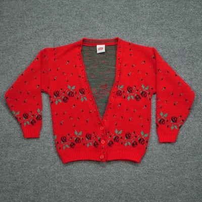 Vintage Little Funky Sweater Womens Small Red Cardigan Roses 80s