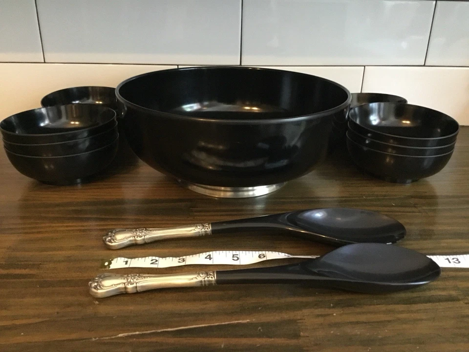 TOWLE OLD MASTER STERLING SILVER & MELAMINE 11 PIECE SALAD BOWL SET W SPOON-FORK - Image 2 of 2