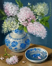 STILL LIFE Hydrangea in vintage blue ceramic vase Original Oil Painting