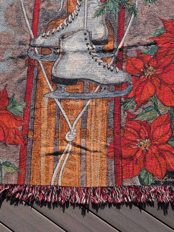 Tapestry Throw Blanket Featuring Ice Skates Sled Poinsettia By Sally Eckman - Image 3 of 4