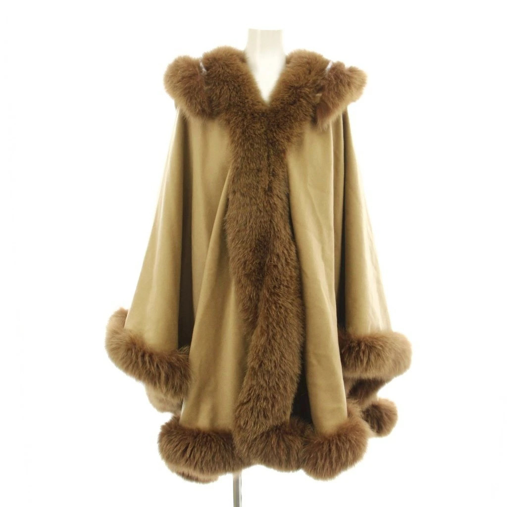 Balmain Cape Coat Poncho Fox Fur Hood Cashmere F Beige Brown Used