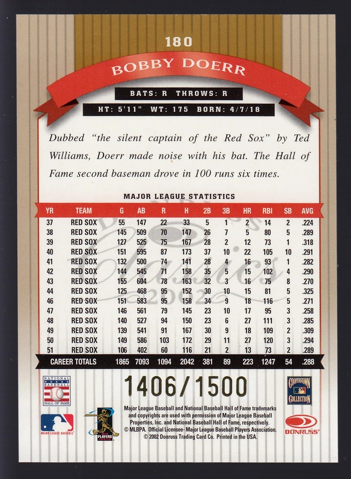 2002 MLB Donruss Classics Baseball Legend In Person Hard Signed Auto Bobby Doerr - Image 2 of 2