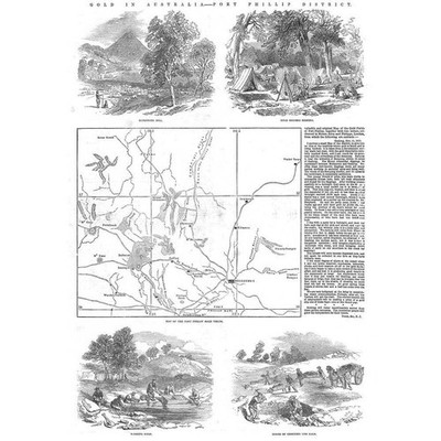 AUSTRALIEN Goldbergbau im Port Phillip District - antiker Druck 1852