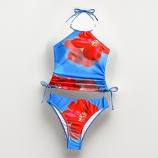 NEW Blue Red Floral Top L Bottom M Halter Cheeky Swimsuit Bikini Set Beach Vacay