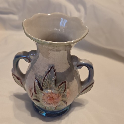 Multicolor Ceramic Vase with Handles, Glossy Floral Pattern, Decorative