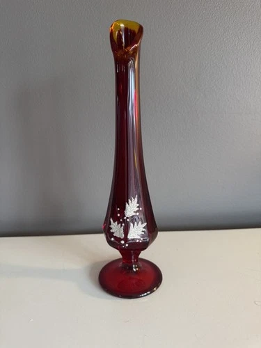 Fenton Ruby Red Hand-Painted Bud Vase – 9” – Signed Hubbard – Vintage Art Glass