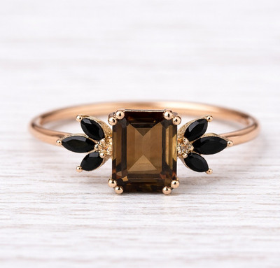 Smoky Quartz Emerald Cut Ring Rose Gold Black Onyx Leaf Engagement Ring