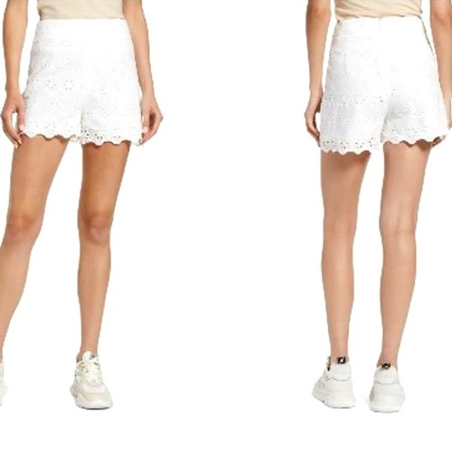 AmyLynn White Cotton Eyelet Scalloped Hem High Rise Shorts Women Sz L