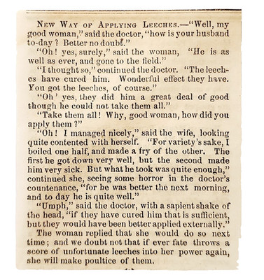1856 Medical Humor Leech Treatment Bloodletting Joke Newspaper Article Clipping
