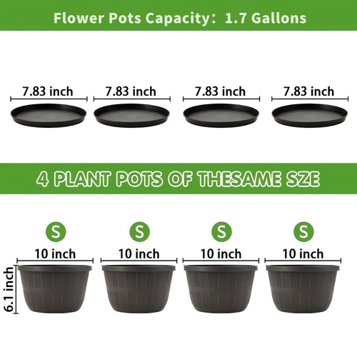 10 inch Plastic Flower Pots for Indoor Plants,4 Pack Large Outdoor Planter Po... - Picture 4 of 6