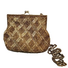 Vtg 80s does 50s Gold La Regale Crystal Beaded Gold Frame Evening Bag / Clutch