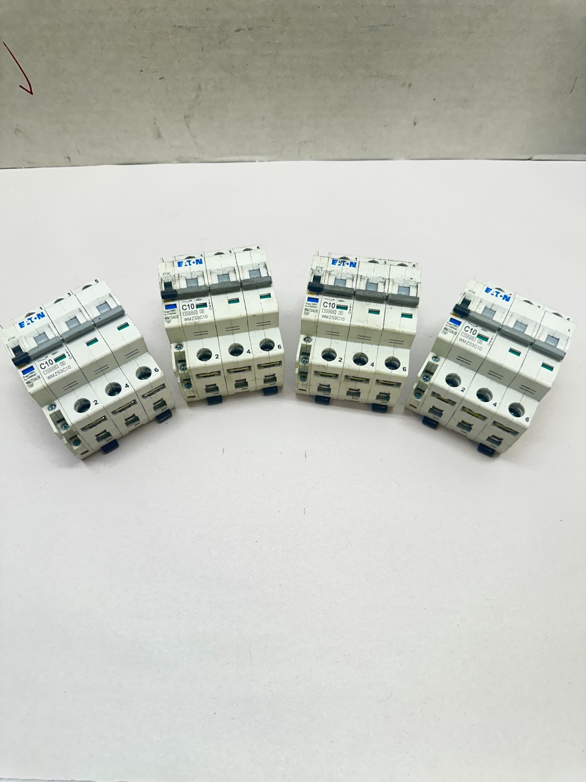 Lot of 4 - Eaton WMZS3C10 Circuit Breaker, 3-Pole, 10A, 10kA, Type C + Aux Blok