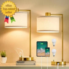Table Lamp for Bedroom Set of 2 with USB C  A Ports Fully Stepless Dimmable 