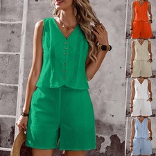 2PCS Women's Casual Tracksuit Tank Tops Pockets Shorts Linen Cotton Outfits Sets