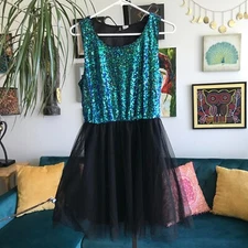 DIVIDED by H&M size 10 Black Sheer Tulle Mesh Blue & Purple Sequins Dress
