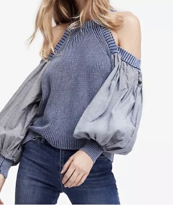 Free People Catch A Glimpse Cold-Shoulder Balloon-Sleeve Sweater Blue, Small NWT
