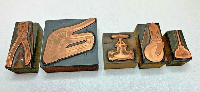 5 ANTIQUE COPPER Letterpress Print Wood Block Hardware 