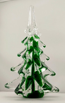 VTG Art Glass Christmas Tree - 8'' - Green & Clear - Bubble Inclusions - Mint!!!