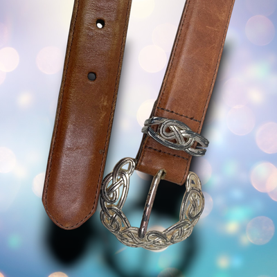 Brighton 1991 Brown Leather Belt with Silver Piece Accents Size Medium 1990s Vintage BRIGHTON Brown Leather Belt Ornate Silver Tone  main image 4