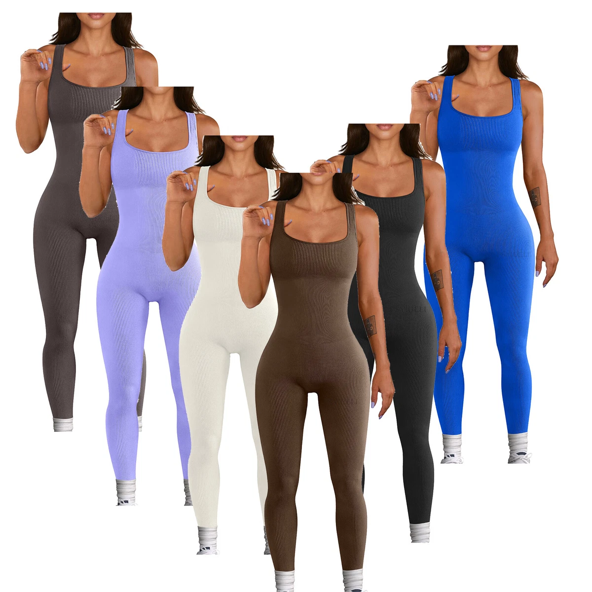 Womens Sleeveless Bodysuit Ribbed Jumpsuit Workout Exercise Running Yoga  Catsuit