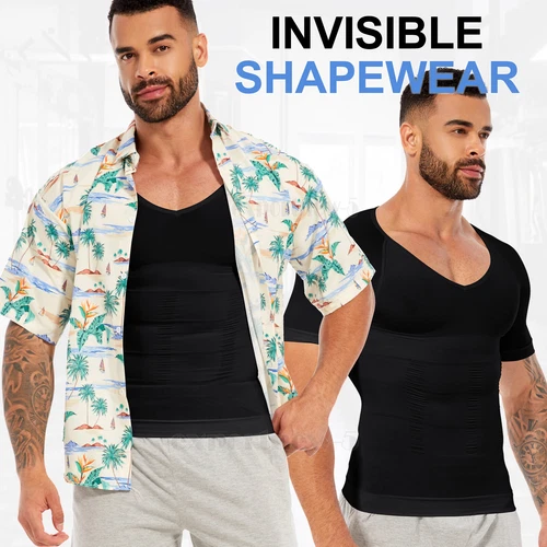Camiseta de compresión para hombre adelgazante modeladora de cuerpo cuello en V ginecomastia abdomen - Imagen 15 de 49