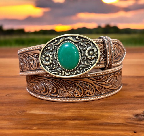 Cintura western fatta a mano in pelle pieno fiore con fibbia rimovibile cintura cowboy - Foto 58 di 97