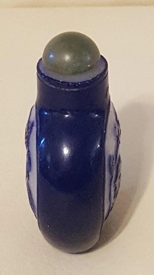 Antigua botella de tabaco china azul cobalto gallo jade tapa vidrio de Pekín antiguo Foto 4 de 4