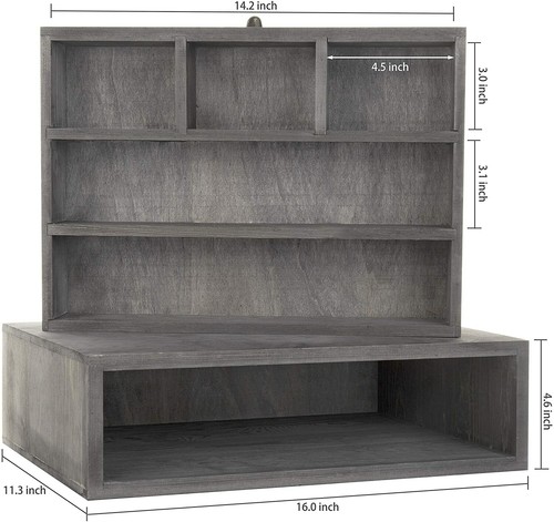 Rustic Grey Wooden Desktop Monitor Stand w/ Pull Out Storage Drawer & Label - Picture 6 of 6