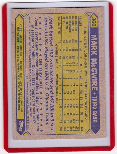 1987 Topps Mark Mcgwire Rookie Card RC #366 Oakland Athletics - Picture 2 of 2