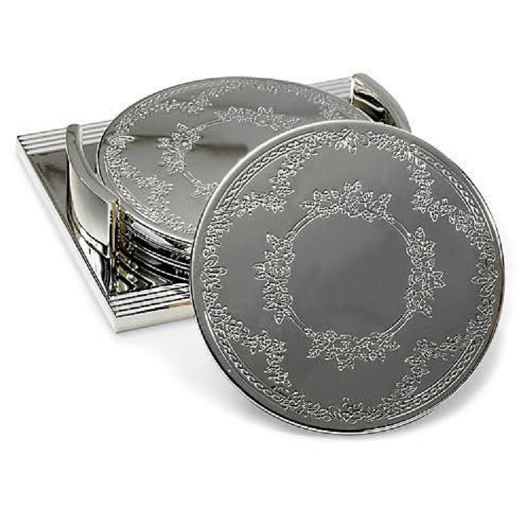 NEW 5 PC SILVER PLATED COASTERS & STAND SET Protective cork bottom GREAT GIFT