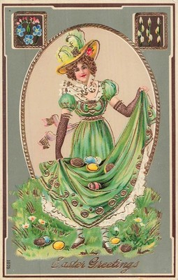 Elegant Woman Easter Greetings Postcard, Embossed, Made in Germany