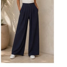 Cider Navy Blue Pinstripe High Waisted Wide Leg Pleated Trousers Pants Size M