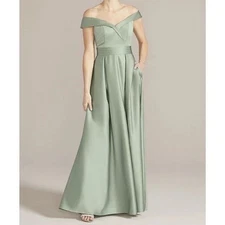 Oleg Cassini Dress Sz 12 Formal Gown Off Shoulder Satin Pleated Dusty Sage Green