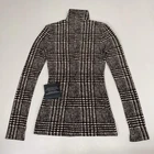 NORMA KAMALI Front Zip Slim Fit Turtle Top Women's Sz XS/34 Chocolate Plaid Twee