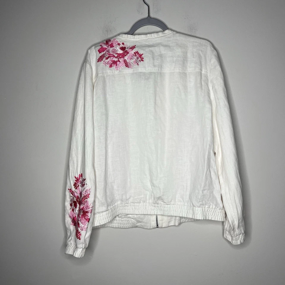 INC Jacket Womens XL White Pink Floral Embroidery Linen Zip Up Casual Bohemian - Image 2 of 4