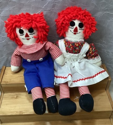 Vintage Hand Made Raggedy Ann and Andy Dolls 11'' Felt Eyes Yarn Hair Matching