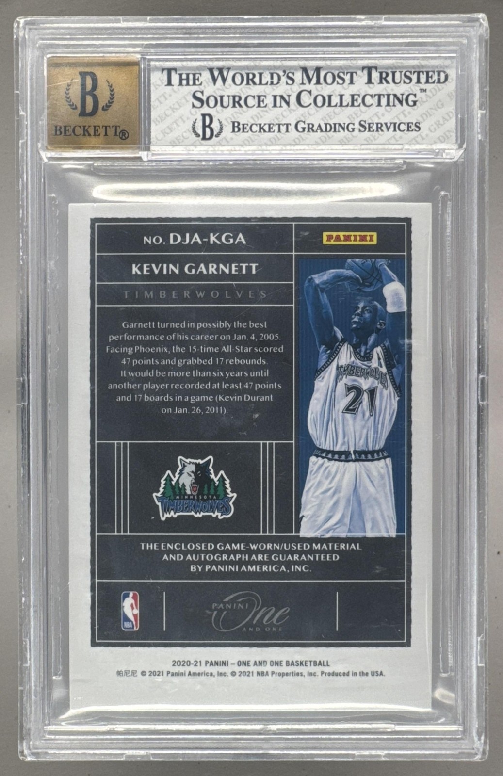 Kevin Garnett 2020 Panini One Black Dual Laundry Tag Patch Auto 1/1 BGS 8/10 view 2