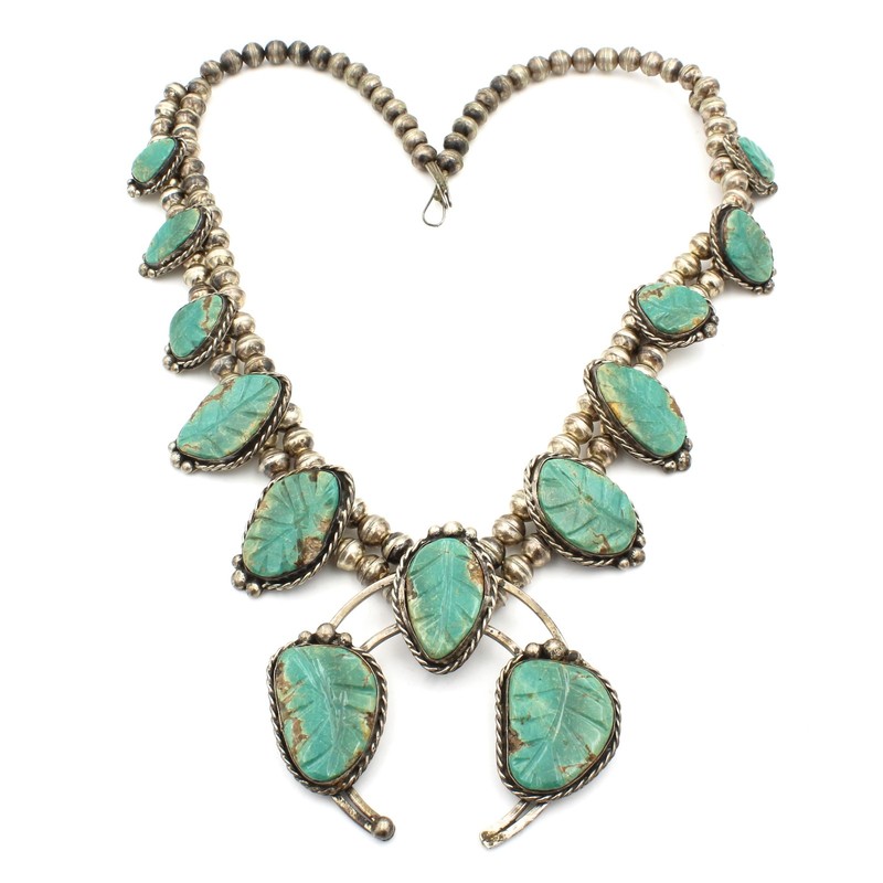 Southwest Sterling Turquoise Squash Blossom 26.5in Beaded Necklace #S5593-1