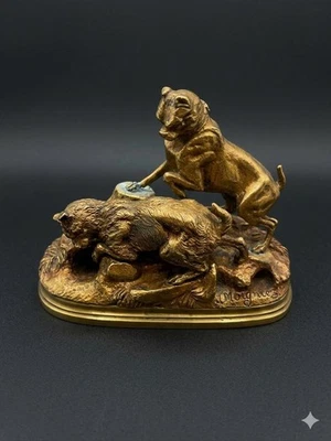 Bronze ancien signé Jules Moigniez – Scène de chasse au terrier - XIXeme - Photo 1/4