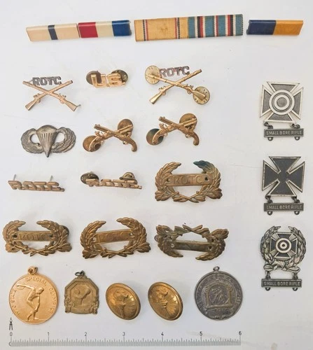 Vintage Lot 21 MILITARY Related Pins Buttons WW2 ROTC SMALL BORE STERLING SILVER