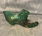 Vintage Rare Fenton Hand Painted Emerald Green Cat Buckle  Ladies Glass Shoe