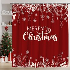 Merry Christmas Shower Curtain Holly Pine Leaves 70"W x 70"L Pack of 1 Red