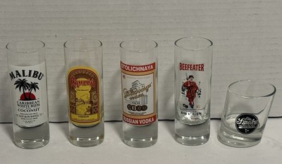 Set of 5 Shot Glasses~Beefeater/Stoli Vodka/Malibu/Kahlúa/Tennesse Moonshine