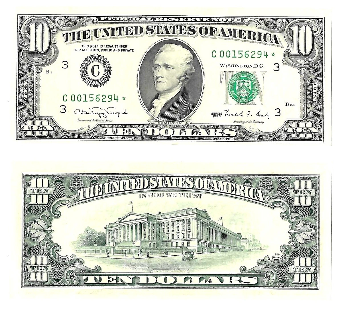 未经认证$10， 1990 美国小尺寸纸币说明| eBay