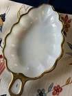 vintage anchor hocking milk glass leaf Shaped Candy/ Snacks Dish With Gold Trim