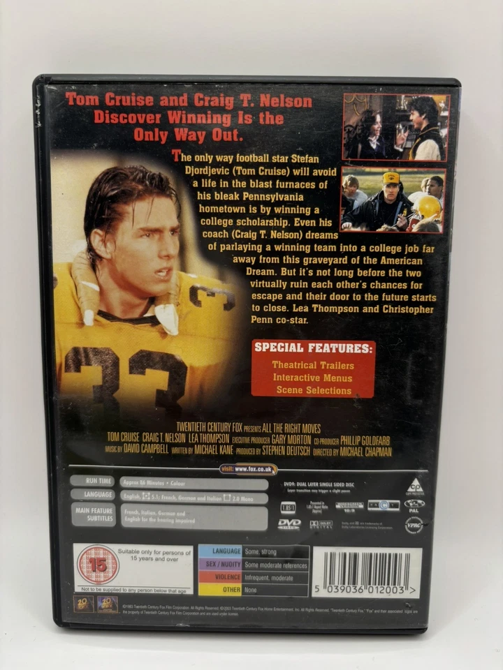 All the Right Moves film, Tom Cruise, 15 rating DVD 2004, sport’s drama,  - Image 2 of 4
