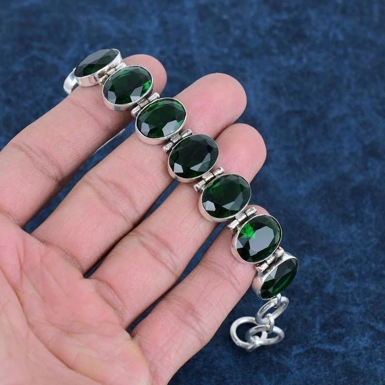 Green Chrome Diopside Gemstone 925 Sterling Silver Jewelry Bracelet Size 7-8" - Image 4 of 4
